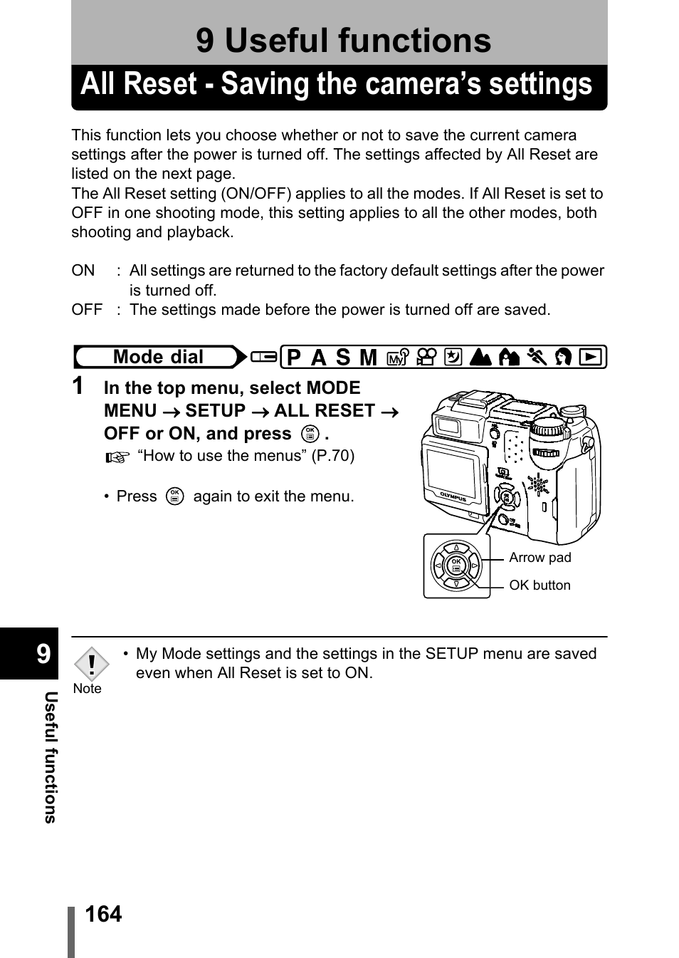 9 useful functions, All reset - saving the camera’s settings, Useful functions | P.164 | Olympus C-5050 Zoom User Manual | Page 165 / 268