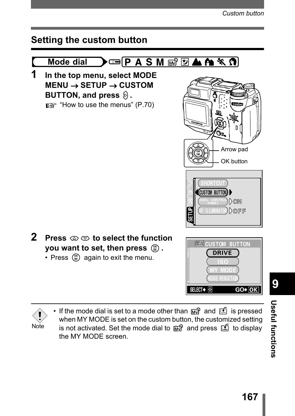 Setting the custom button, Mode dial | Olympus C-5050 Zoom User Manual | Page 168 / 268