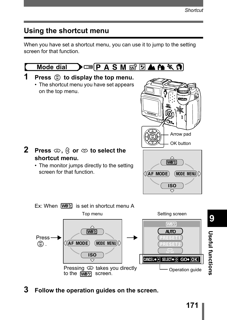 Using the shortcut menu, Mode dial | Olympus C-5050 Zoom User Manual | Page 172 / 268