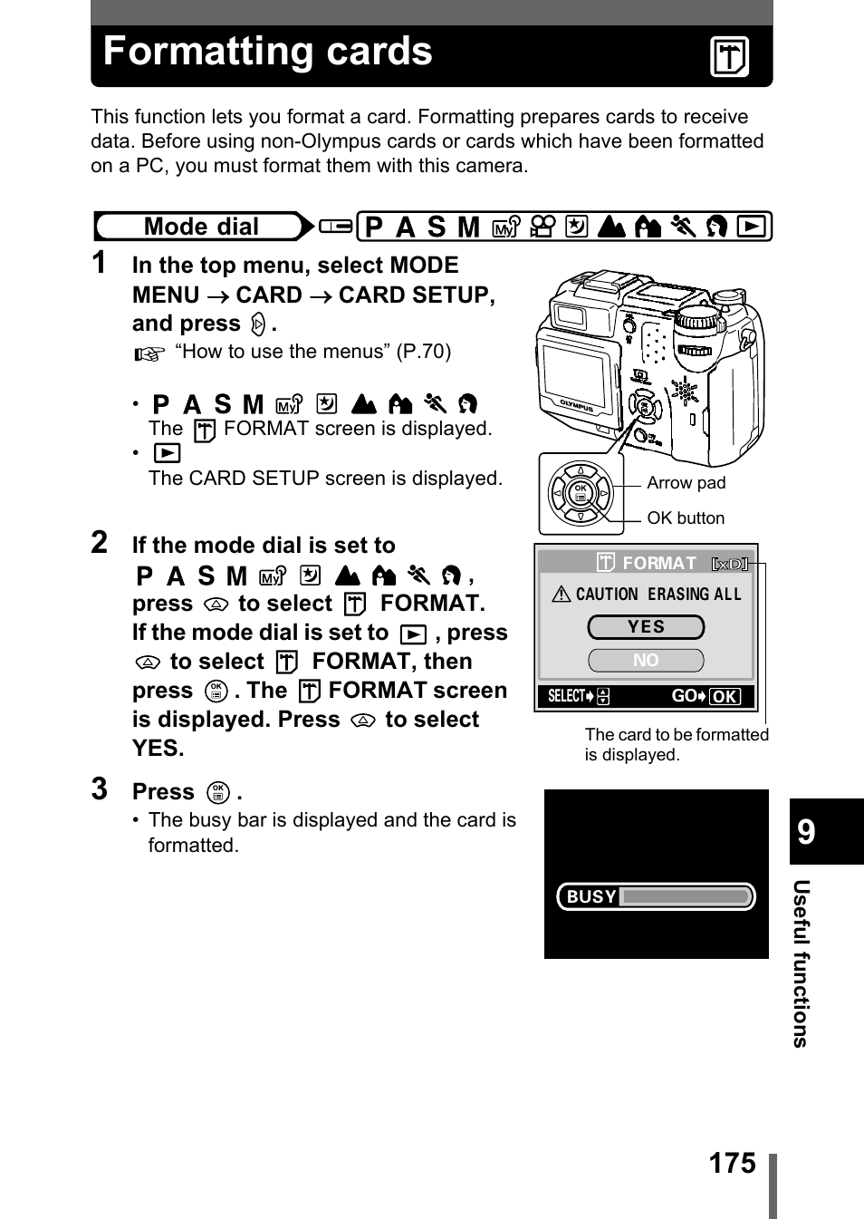 Formatting cards, Formatting cards” (p.175, P.175 | Olympus C-5050 Zoom User Manual | Page 176 / 268