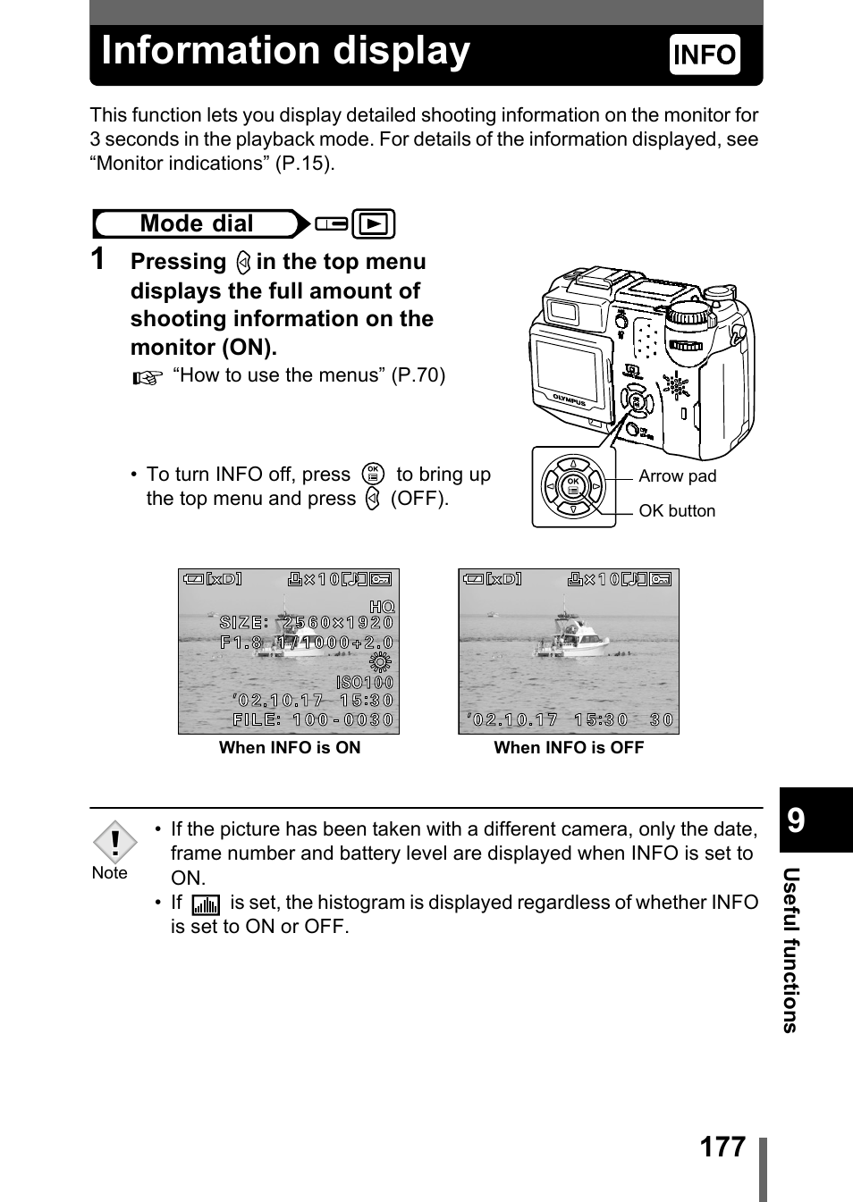 Information display, Information display” (p.177, P.177 | Olympus C-5050 Zoom User Manual | Page 178 / 268