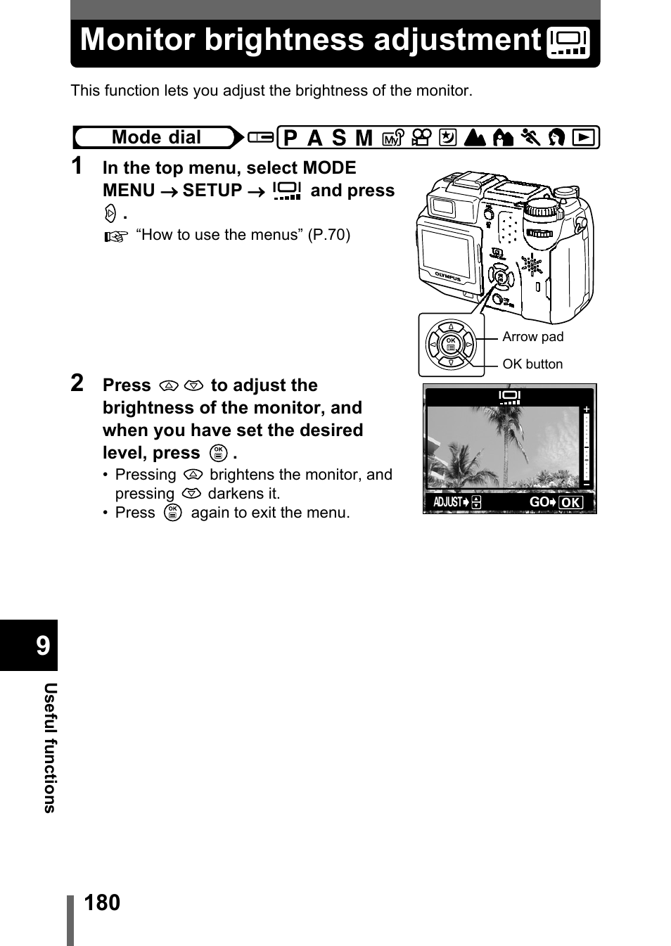 Monitor brightness adjustment, P.180 | Olympus C-5050 Zoom User Manual | Page 181 / 268