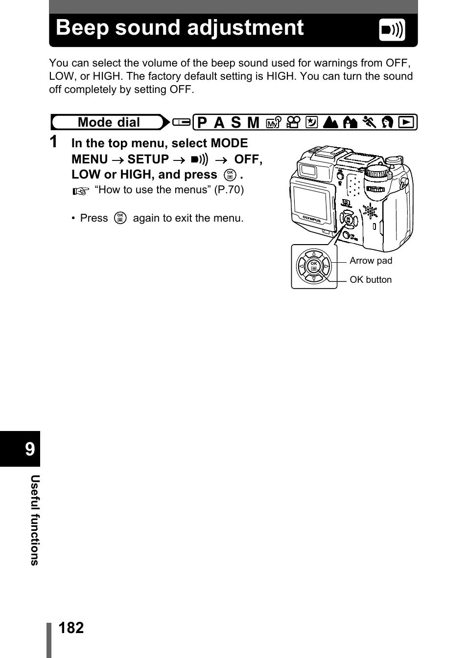 Beep sound adjustment, P.182 | Olympus C-5050 Zoom User Manual | Page 183 / 268