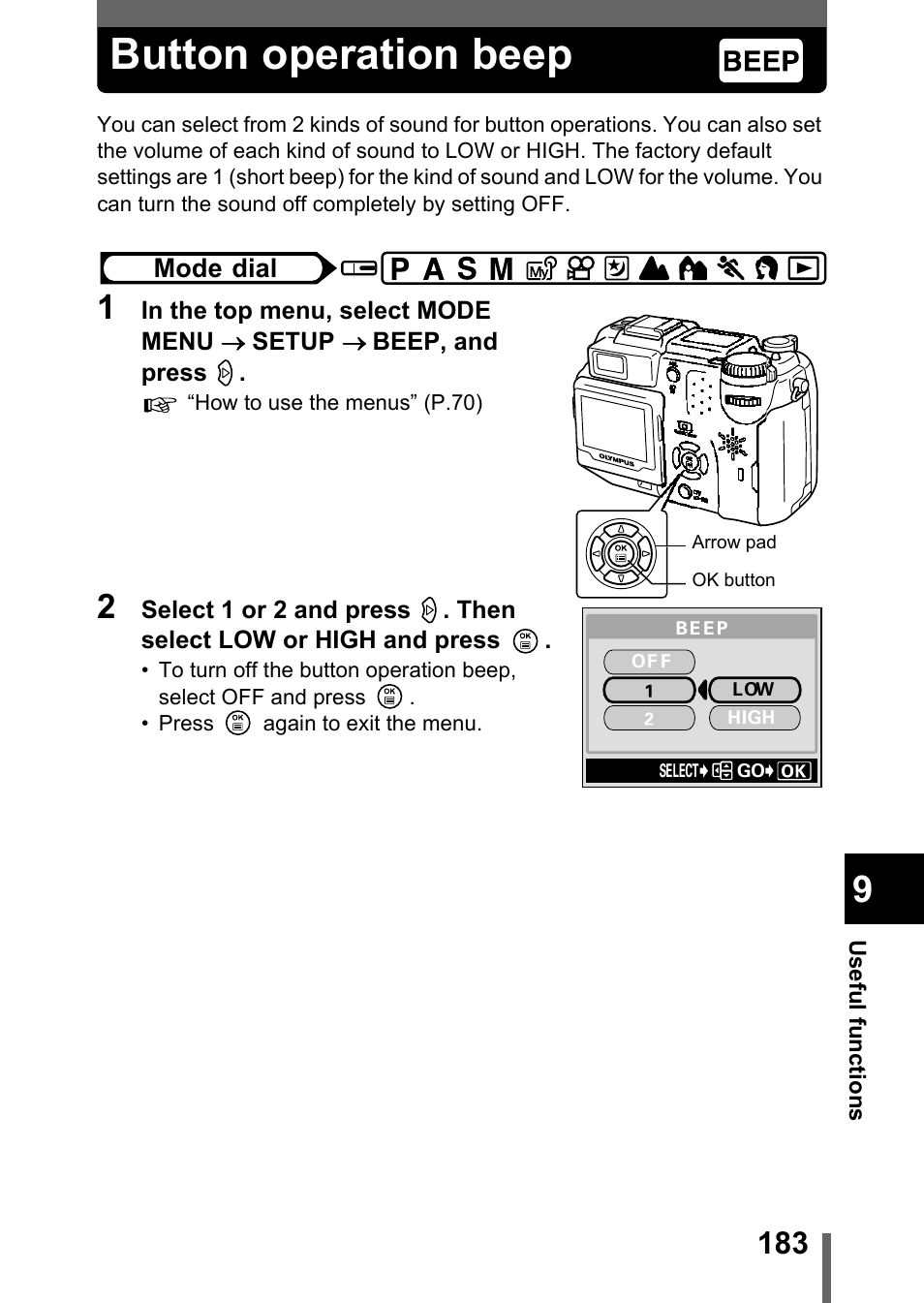 Button operation beep, P.183 | Olympus C-5050 Zoom User Manual | Page 184 / 268