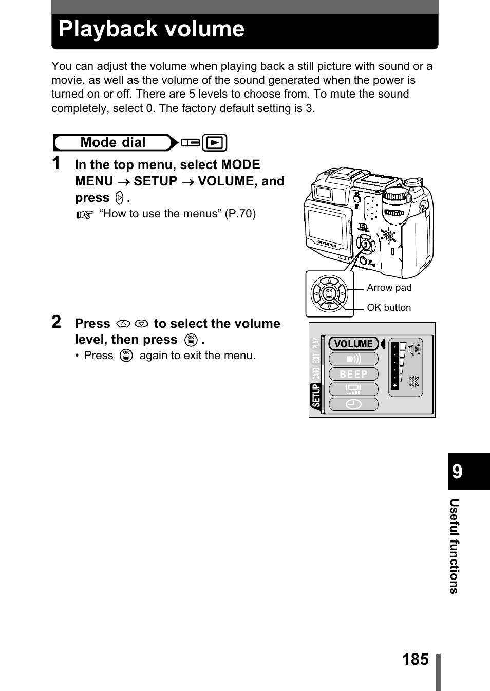 Playback volume, P.185 | Olympus C-5050 Zoom User Manual | Page 186 / 268