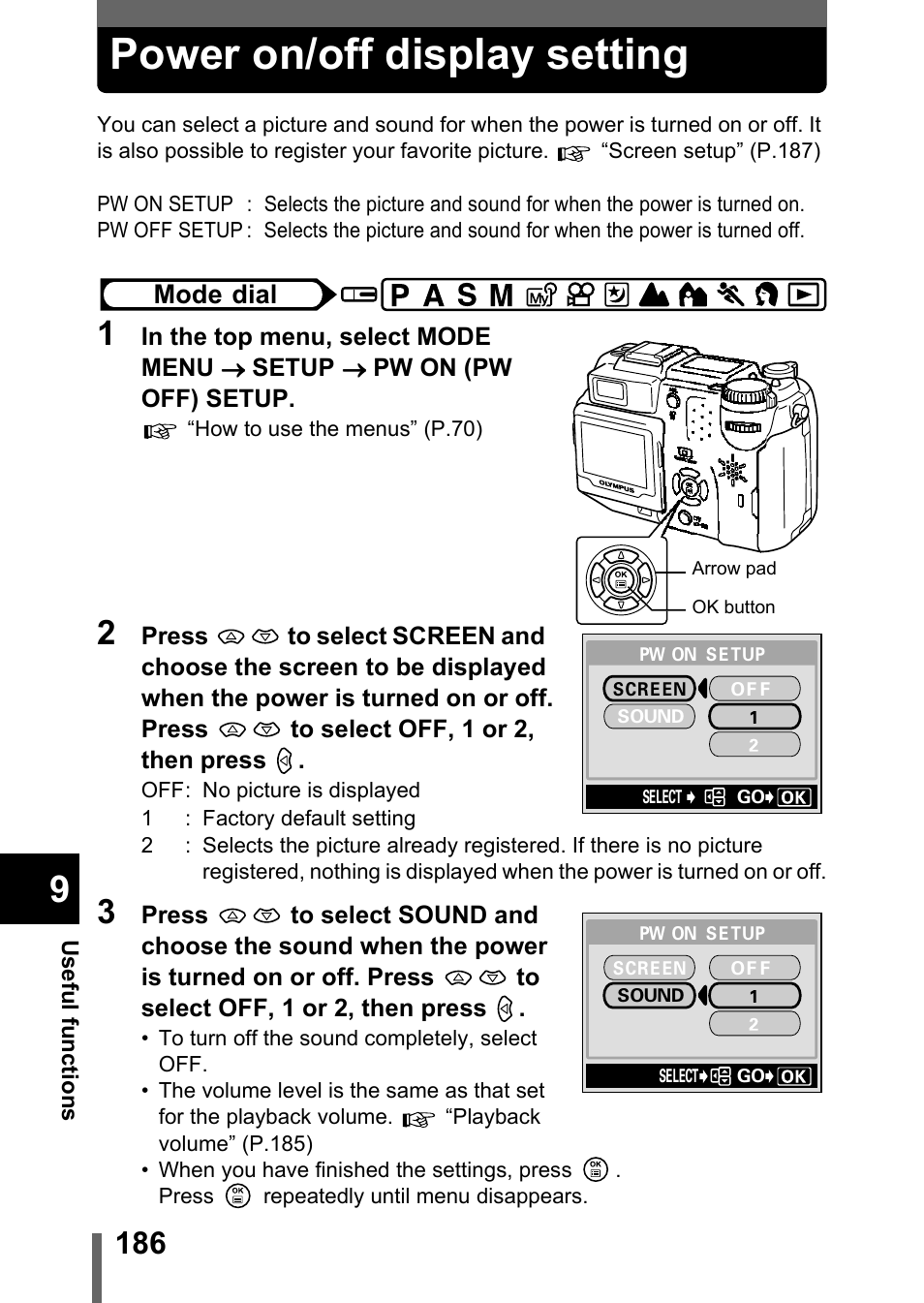 Power on/off display setting, P.186 | Olympus C-5050 Zoom User Manual | Page 187 / 268