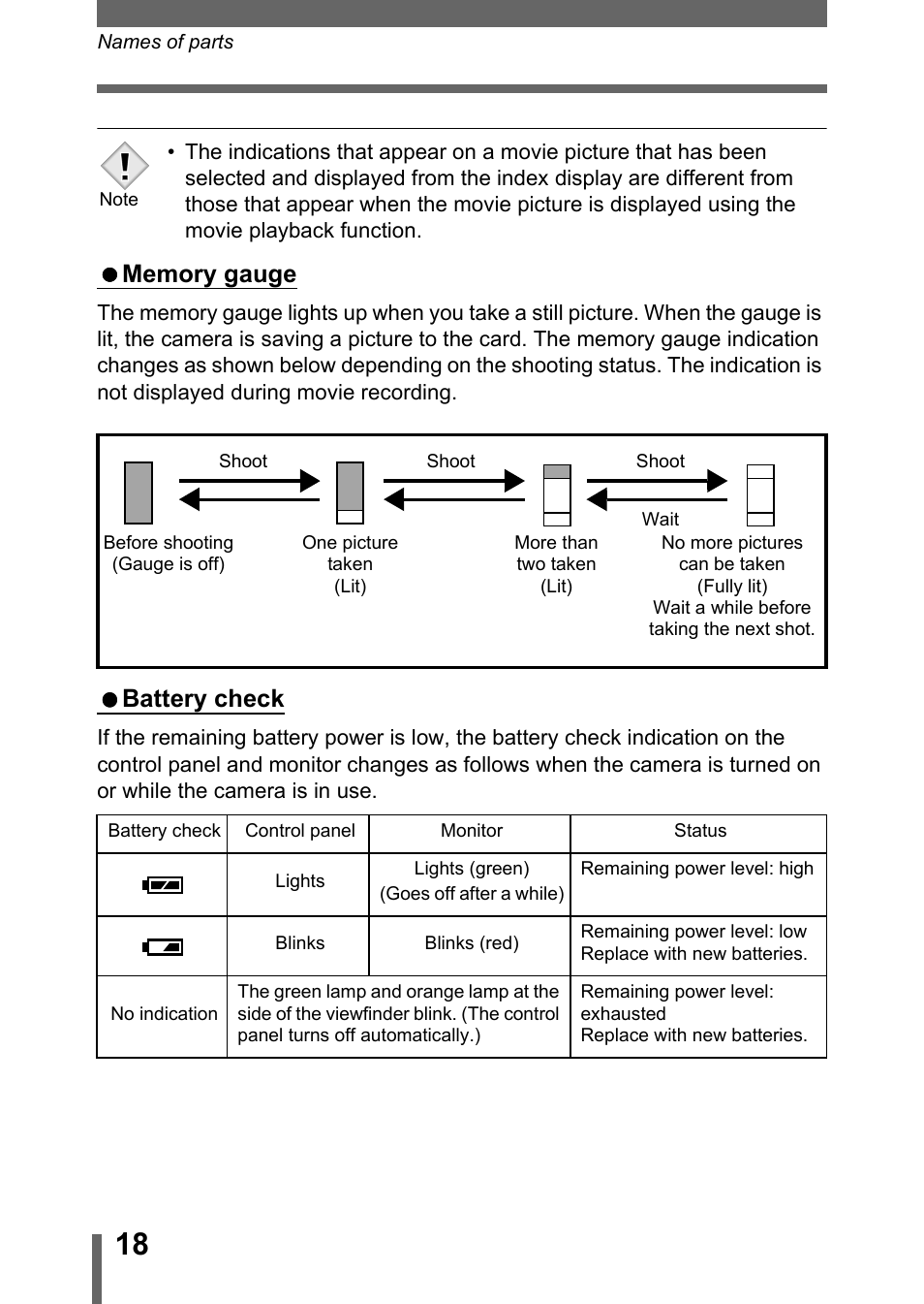 Memory gauge, Battery check, Memory gauge battery check | P.18 | Olympus C-5050 Zoom User Manual | Page 19 / 268