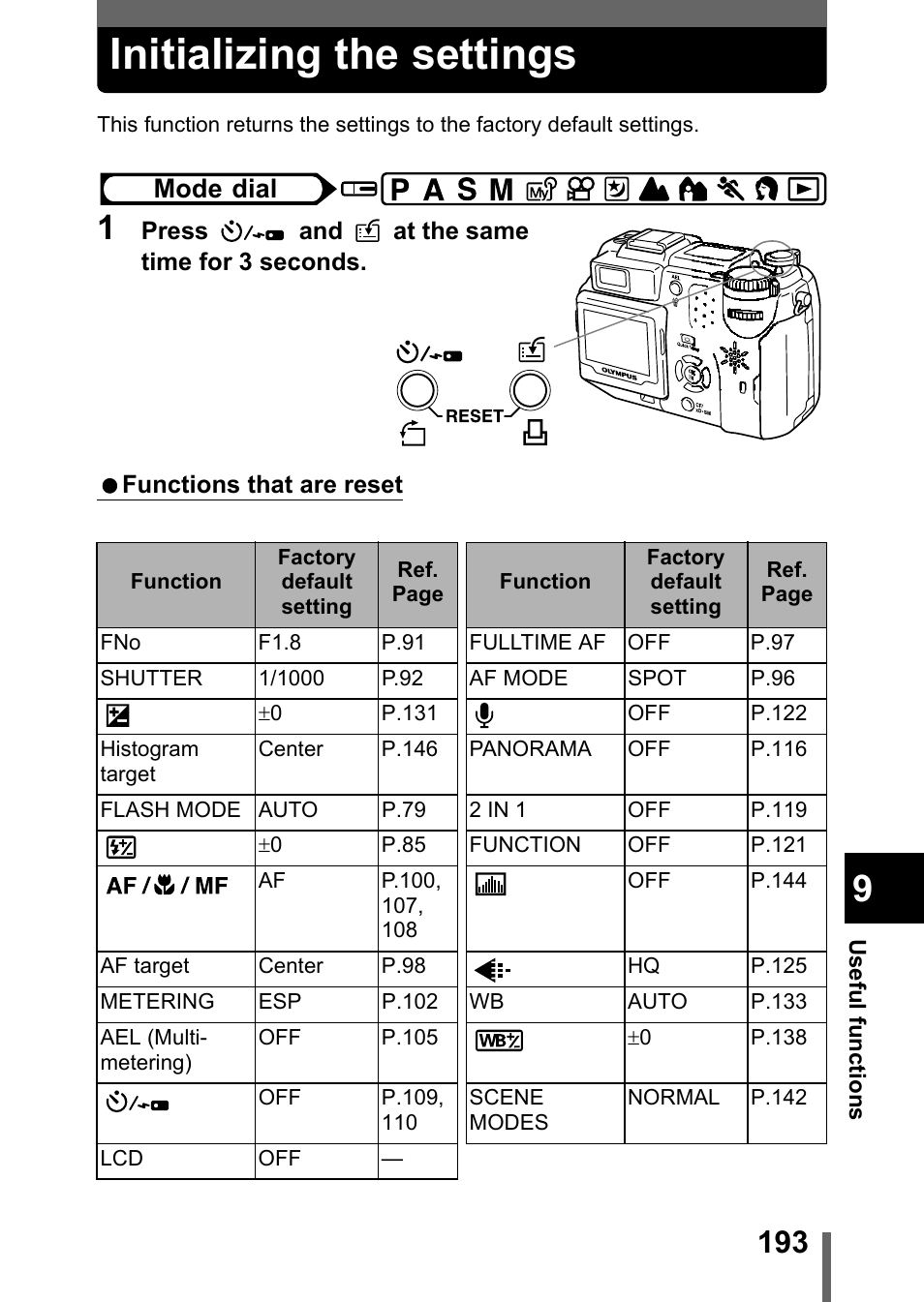Initializing the settings, P.193, Mode dial | Olympus C-5050 Zoom User Manual | Page 194 / 268
