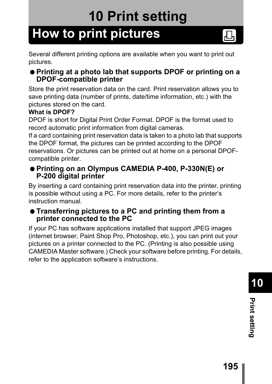 10 print setting, How to print pictures, Print setting | P.195 | Olympus C-5050 Zoom User Manual | Page 196 / 268