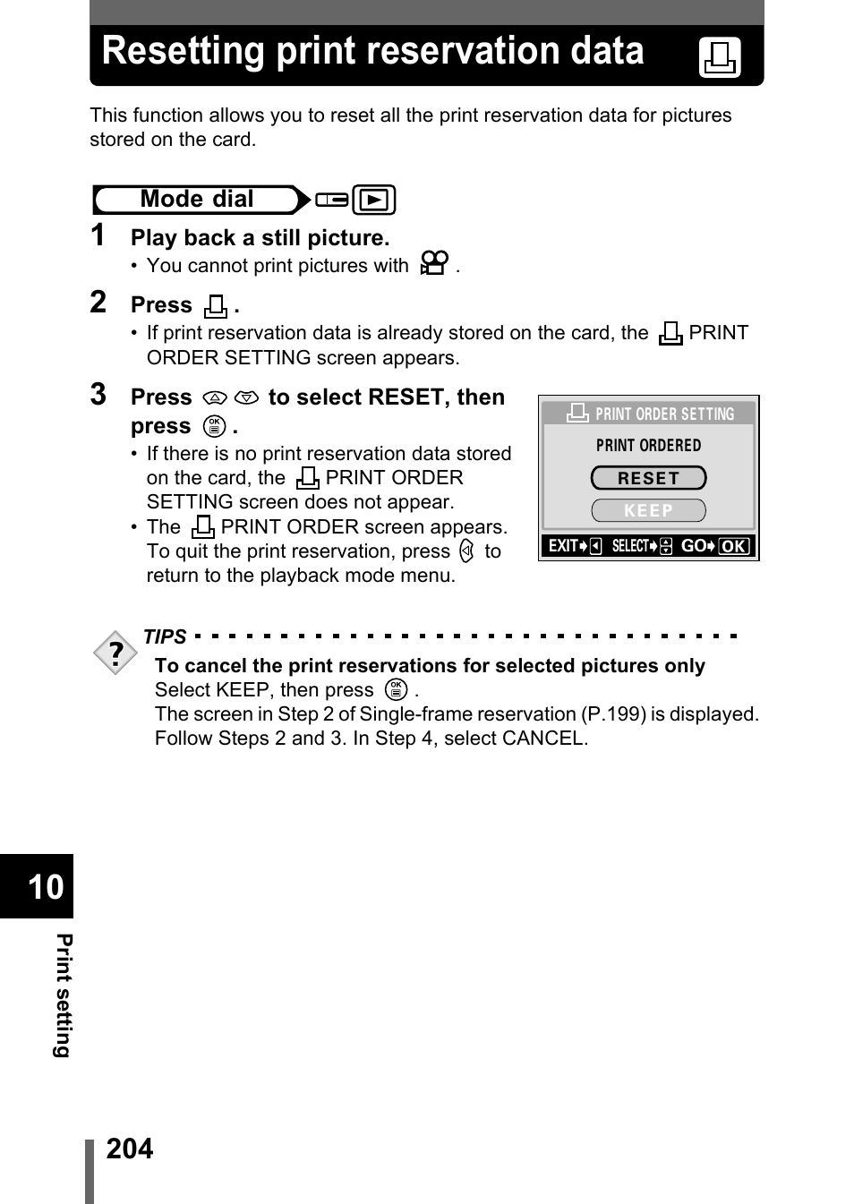 Resetting print reservation data | Olympus C-5050 Zoom User Manual | Page 205 / 268