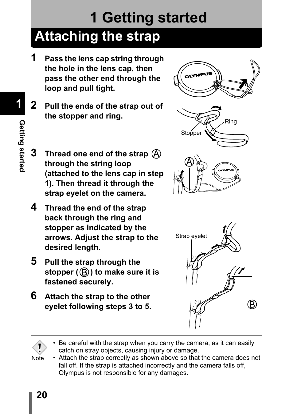 1 getting started, Attaching the strap, Getting started | P.20 | Olympus C-5050 Zoom User Manual | Page 21 / 268