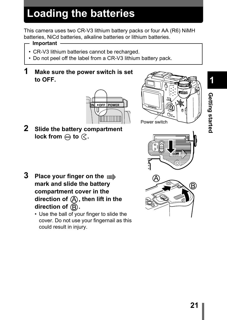 Loading the batteries, P.21 | Olympus C-5050 Zoom User Manual | Page 22 / 268