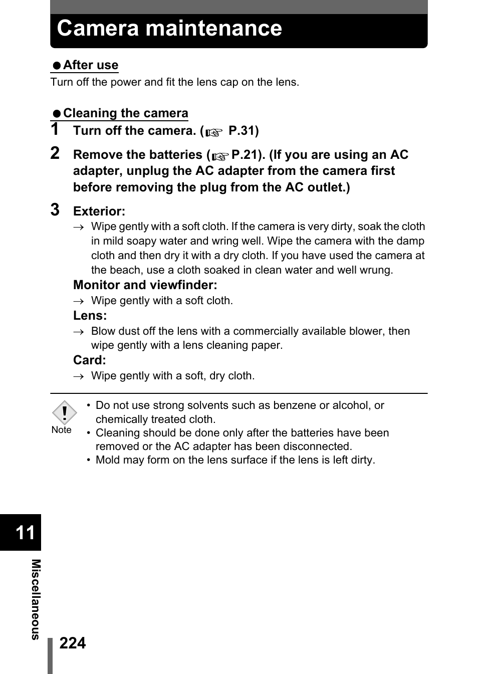 Camera maintenance, P.224 | Olympus C-5050 Zoom User Manual | Page 225 / 268