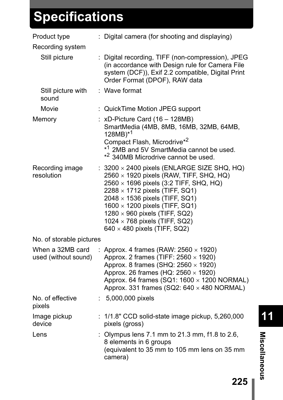 Specifications | Olympus C-5050 Zoom User Manual | Page 226 / 268