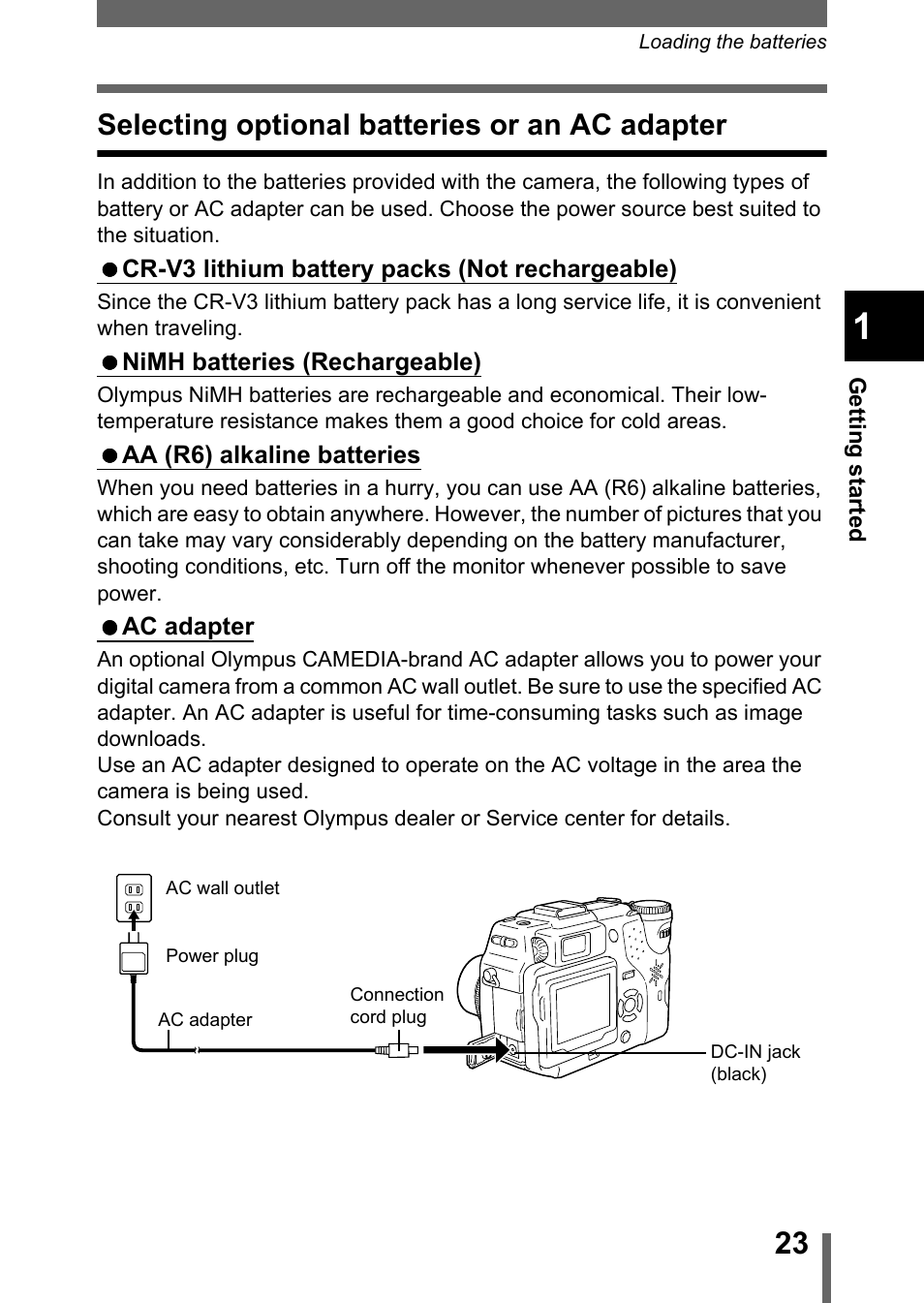 Selecting optional batteries or an ac adapter, P.23 | Olympus C-5050 Zoom User Manual | Page 24 / 268