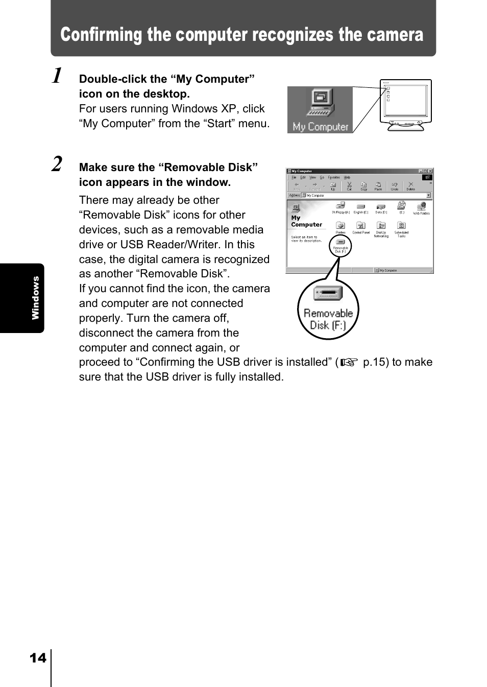 Confirming the computer recognizes the camera, Mera (p.14) | Olympus C-5050 Zoom User Manual | Page 250 / 268