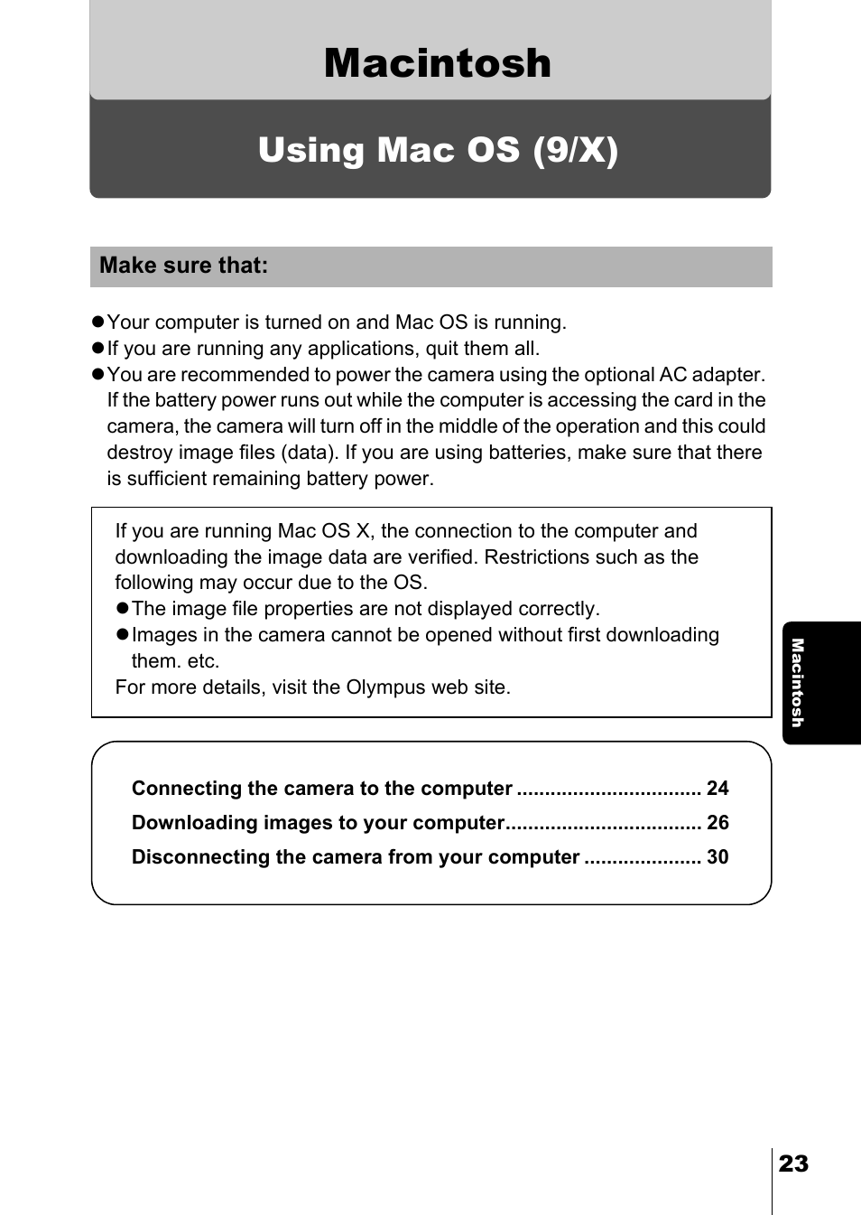 Macintosh, Macintosh (os 9/x), P.23 | Using mac os (9/x) | Olympus C-5050 Zoom User Manual | Page 259 / 268