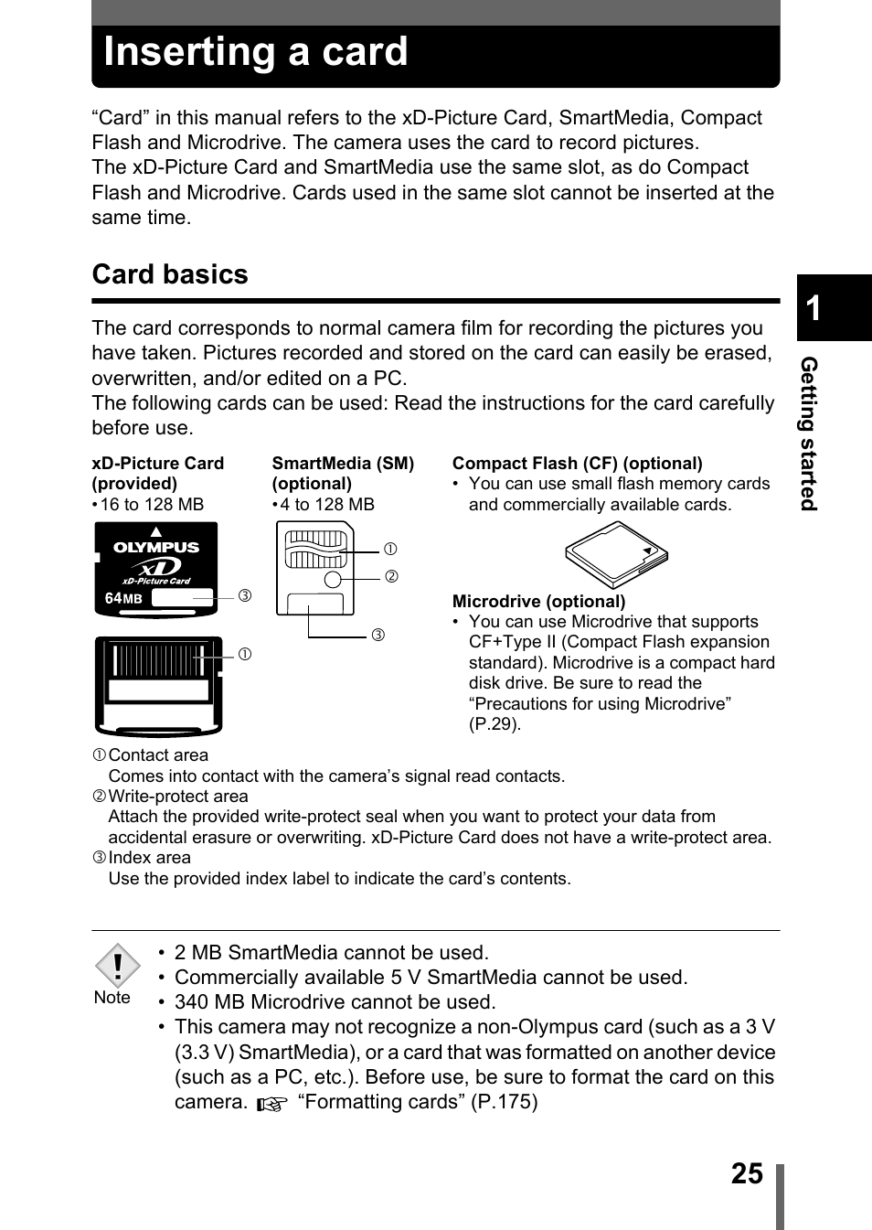 Inserting a card, Card basics | Olympus C-5050 Zoom User Manual | Page 26 / 268