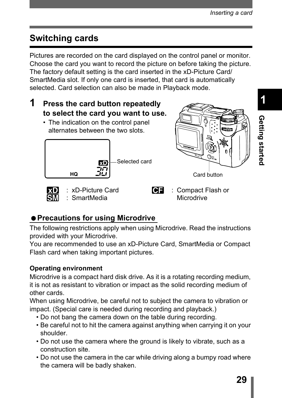 Switching cards, P.29 | Olympus C-5050 Zoom User Manual | Page 30 / 268