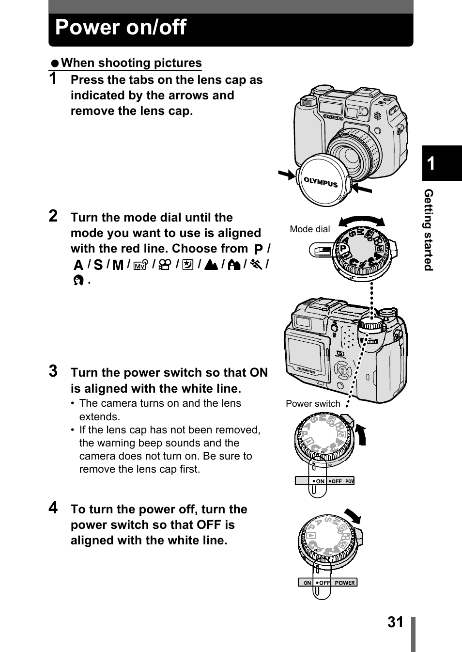 Power on/off, P.31 | Olympus C-5050 Zoom User Manual | Page 32 / 268
