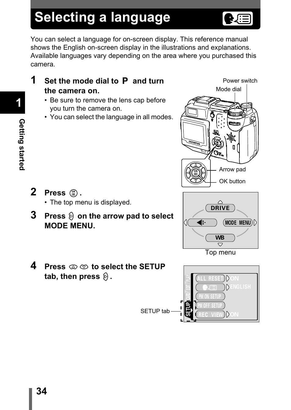 Selecting a language | Olympus C-5050 Zoom User Manual | Page 35 / 268