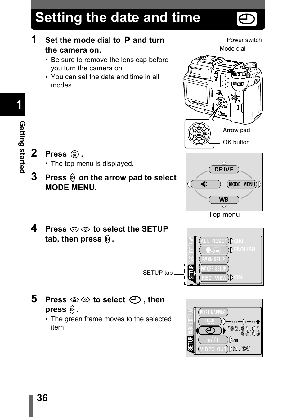 Setting the date and time, P.36 | Olympus C-5050 Zoom User Manual | Page 37 / 268