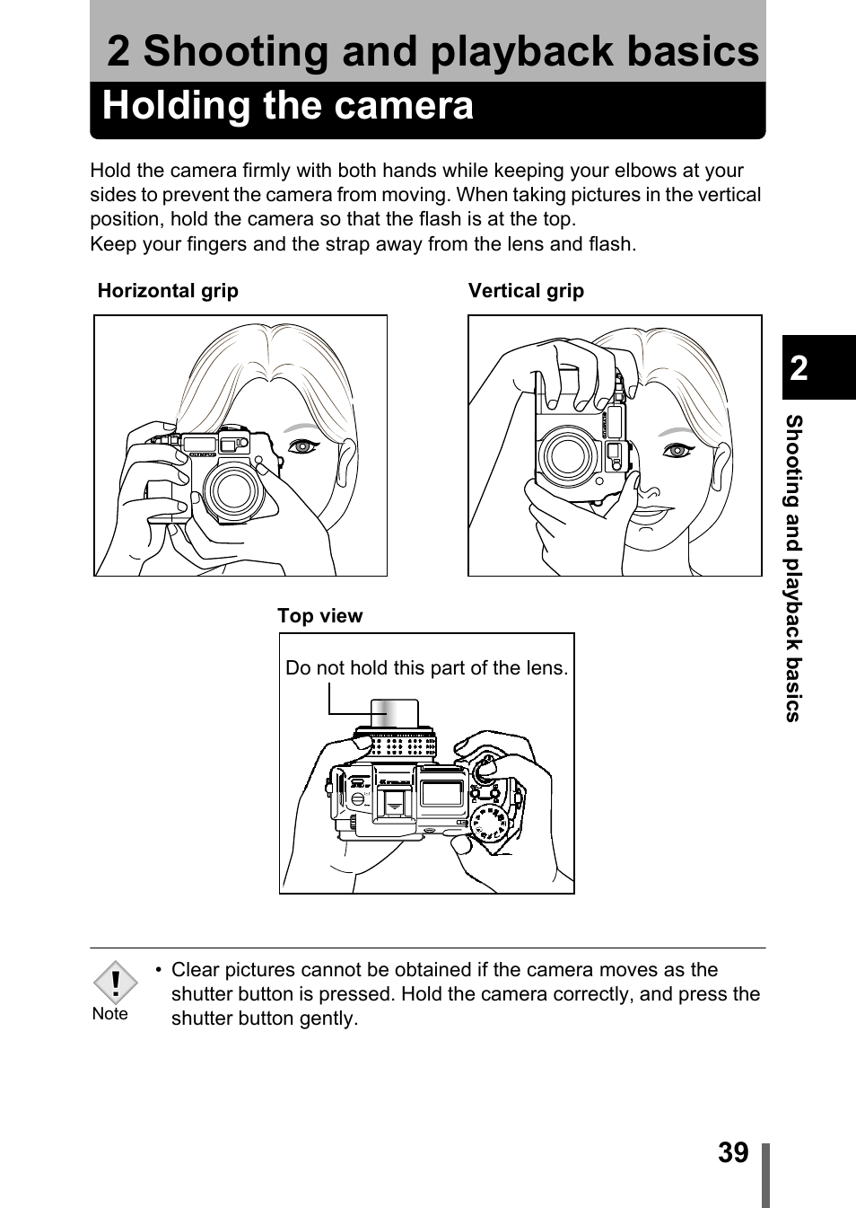 2 shooting and playback basics, Holding the camera, Shooting and playback basics | P.39 | Olympus C-5050 Zoom User Manual | Page 40 / 268