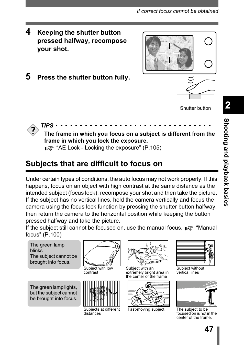 Subjects that are difficult to focus on, P.47) | Olympus C-5050 Zoom User Manual | Page 48 / 268