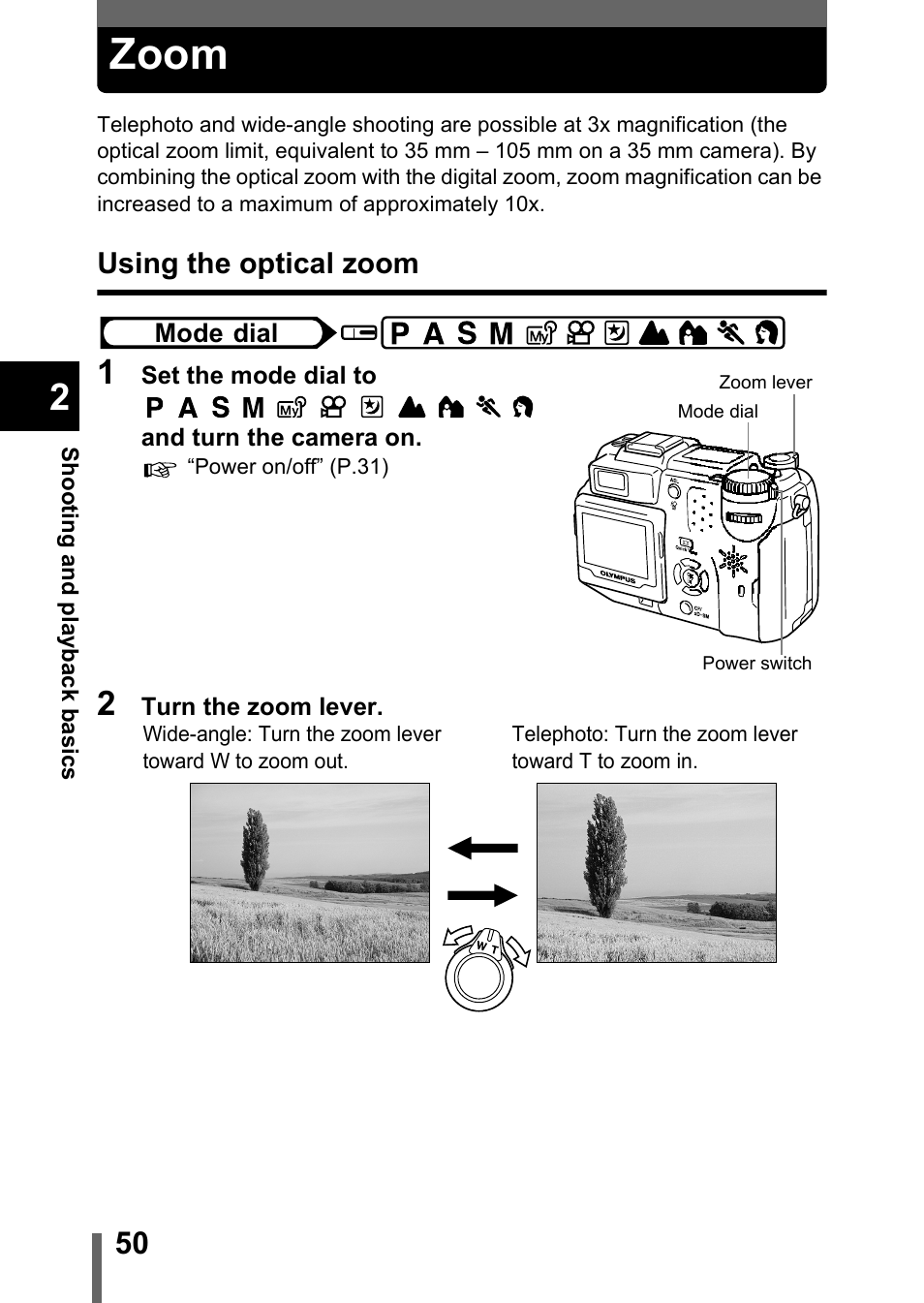 Zoom, Using the optical zoom, P.50 | Olympus C-5050 Zoom User Manual | Page 51 / 268