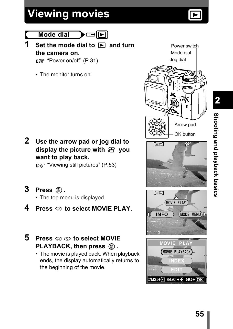 Viewing movies, P.55 | Olympus C-5050 Zoom User Manual | Page 56 / 268