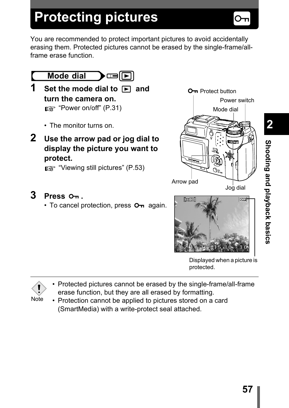 Protecting pictures, P.57 | Olympus C-5050 Zoom User Manual | Page 58 / 268