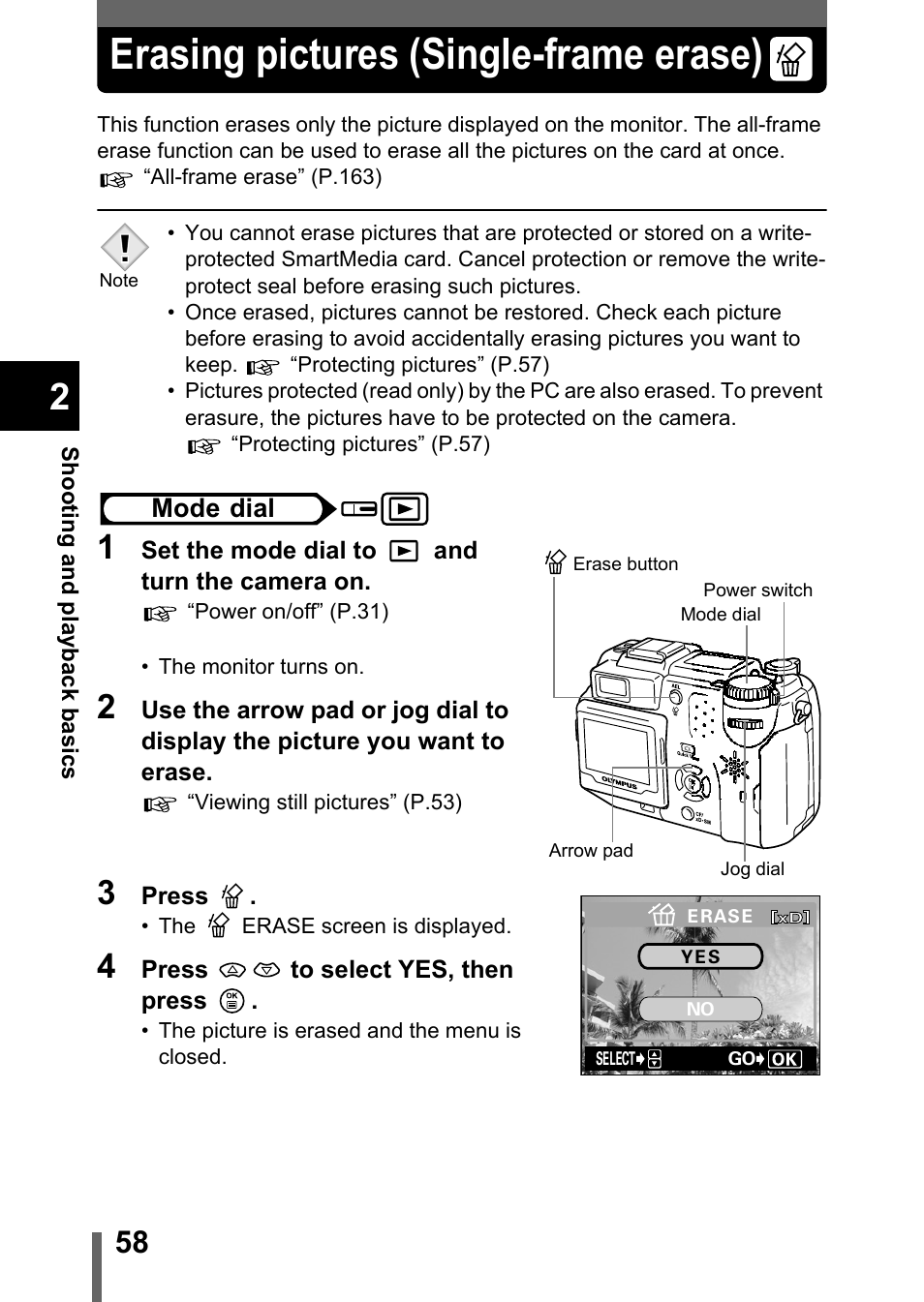 Erasing pictures (single-frame erase), P.58 | Olympus C-5050 Zoom User Manual | Page 59 / 268