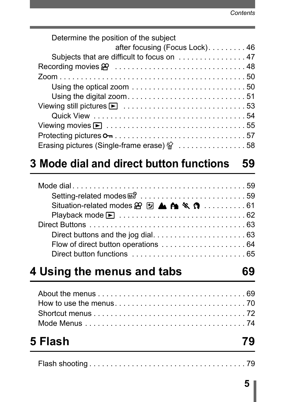 3 mode dial and direct button functions 59, 4 using the menus and tabs 69, 5 flash 79 | Olympus C-5050 Zoom User Manual | Page 6 / 268
