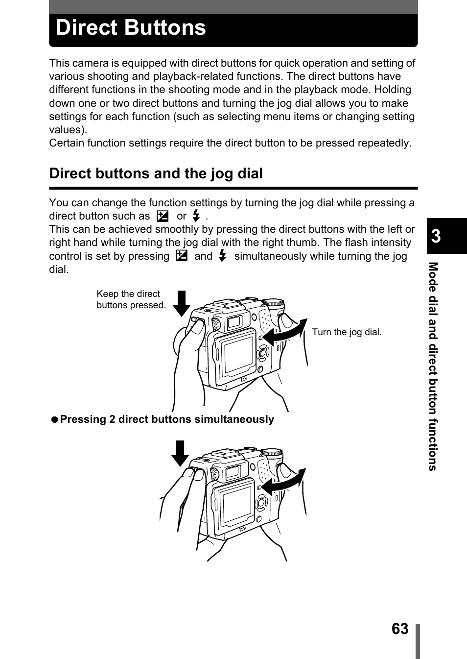 Direct buttons, Direct buttons and the jog dial, P.63 | Olympus C-5050 Zoom User Manual | Page 64 / 268