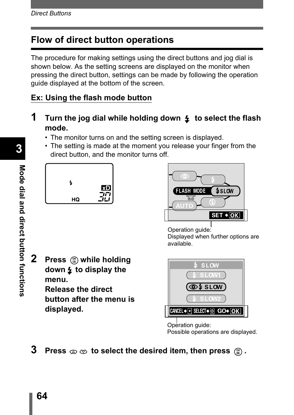 Flow of direct button operations | Olympus C-5050 Zoom User Manual | Page 65 / 268