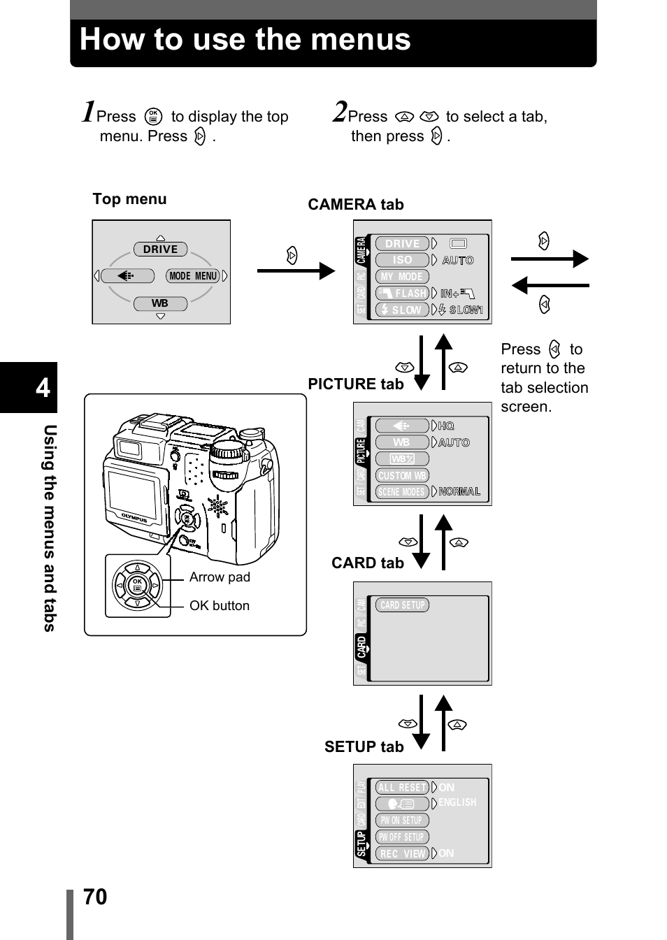 How to use the menus, Us in g th e men u s an d ta bs | Olympus C-5050 Zoom User Manual | Page 71 / 268