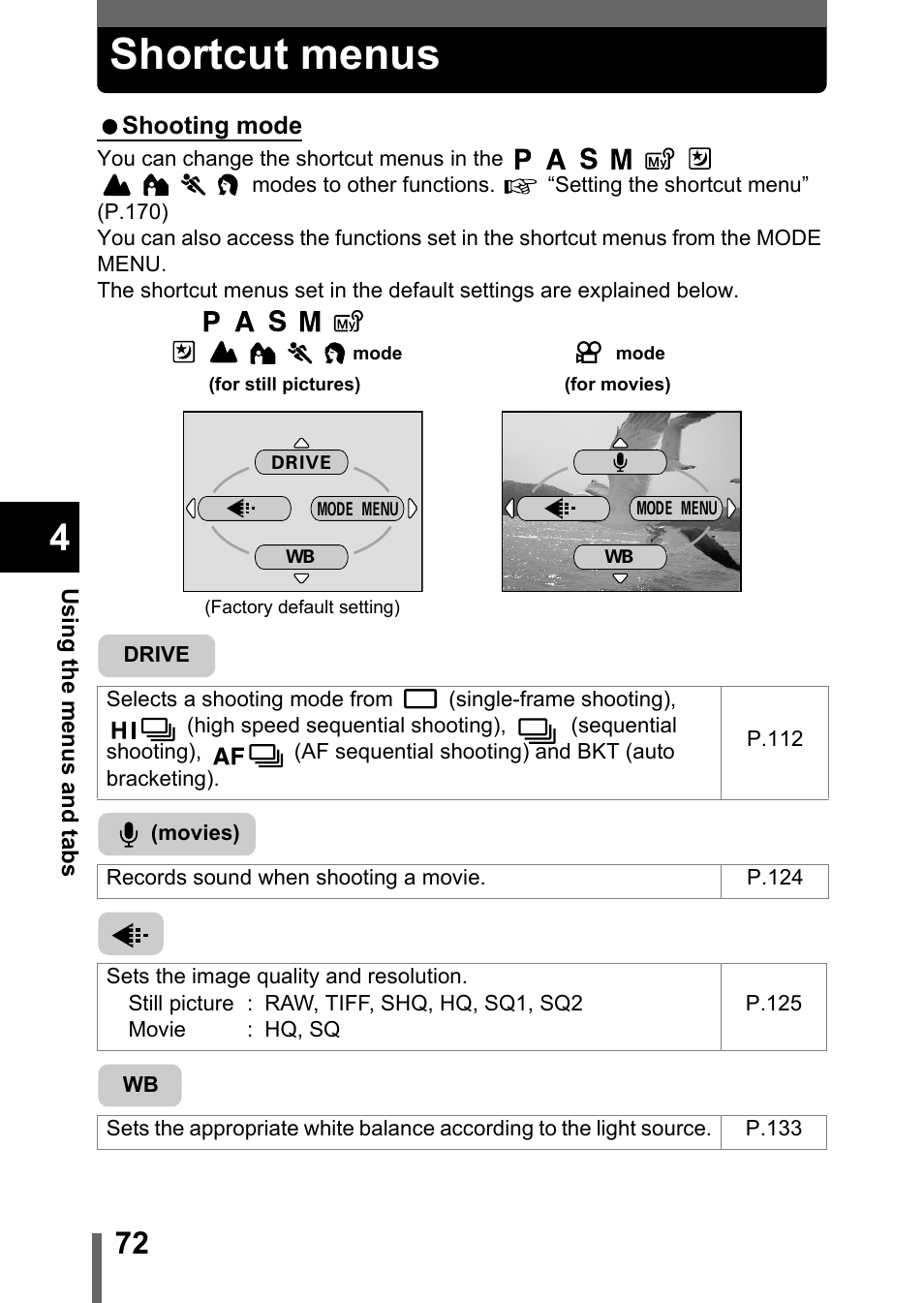 Shortcut menus | Olympus C-5050 Zoom User Manual | Page 73 / 268