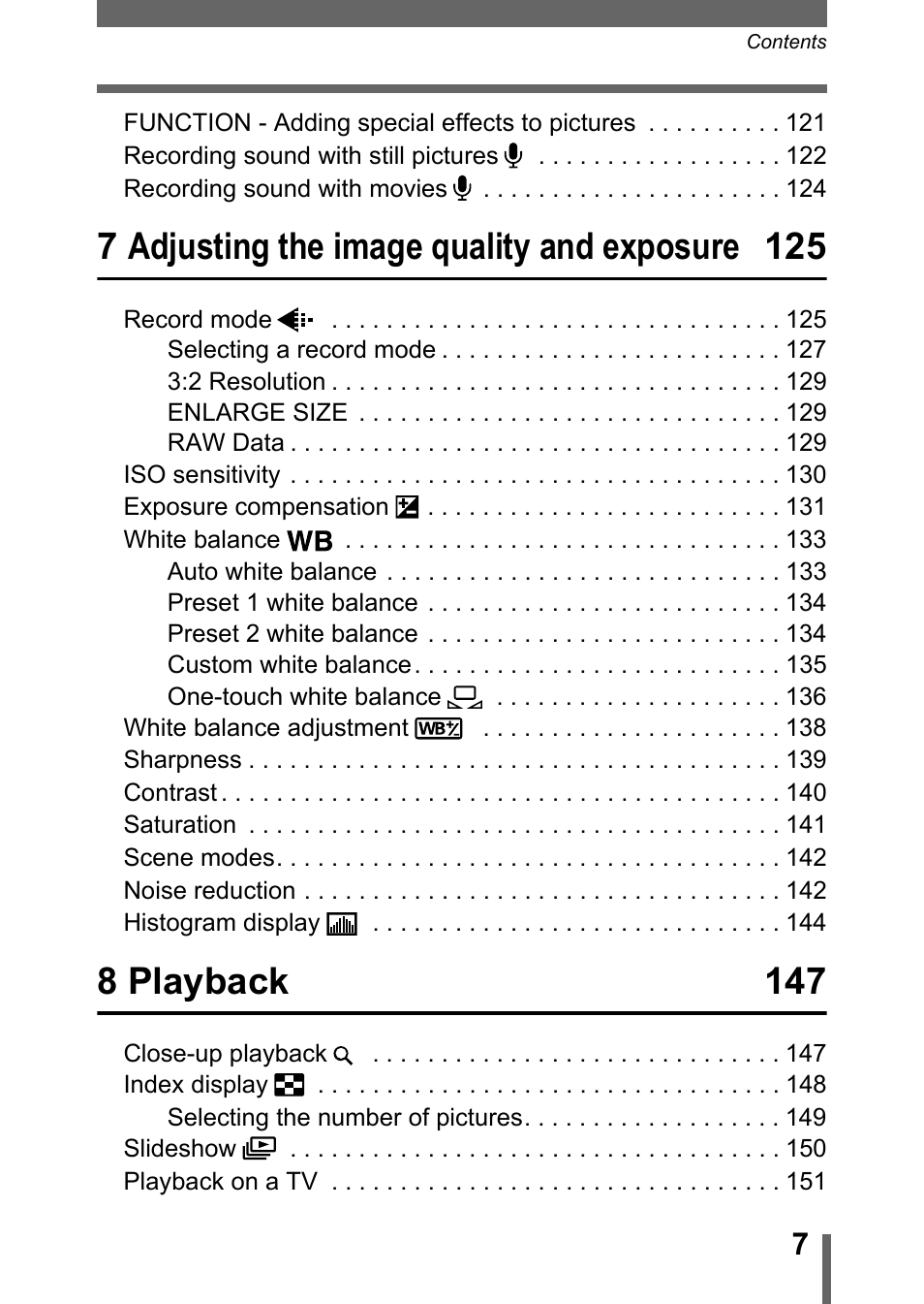 7 adjusting the image quality and exposure 125, 8 playback 147 | Olympus C-5050 Zoom User Manual | Page 8 / 268