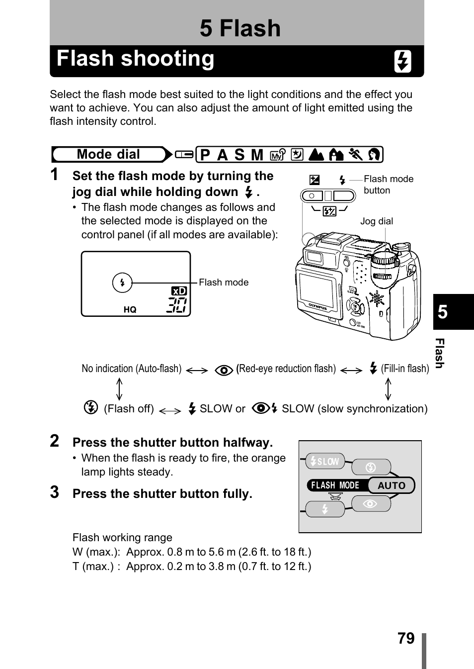 5 flash, Flash shooting, Flash | P.79 | Olympus C-5050 Zoom User Manual | Page 80 / 268