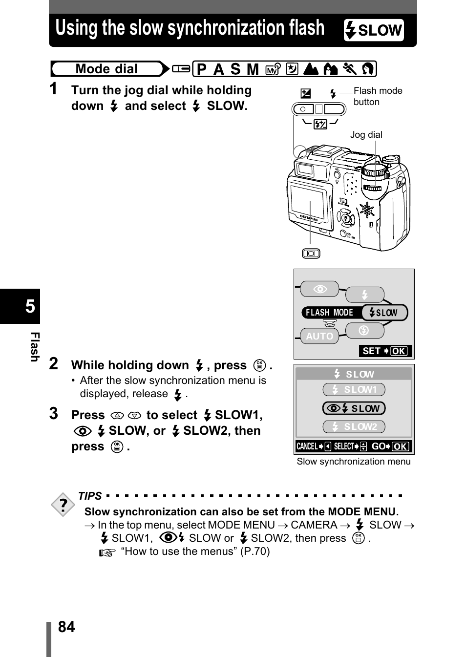 Using the slow synchronization flash, P.84 | Olympus C-5050 Zoom User Manual | Page 85 / 268
