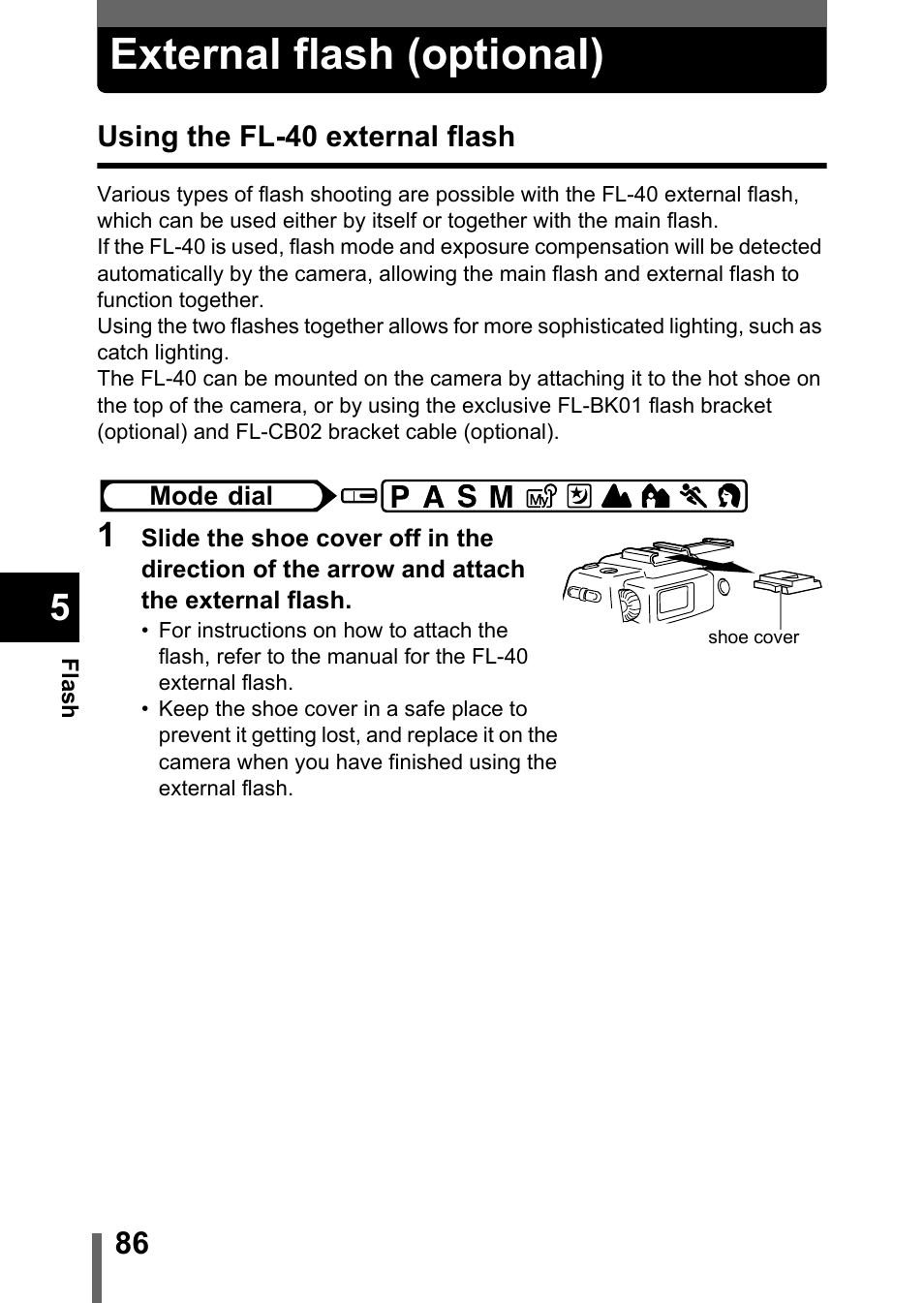 External flash (optional), Using the fl-40 external flash, P.86 | Olympus C-5050 Zoom User Manual | Page 87 / 268