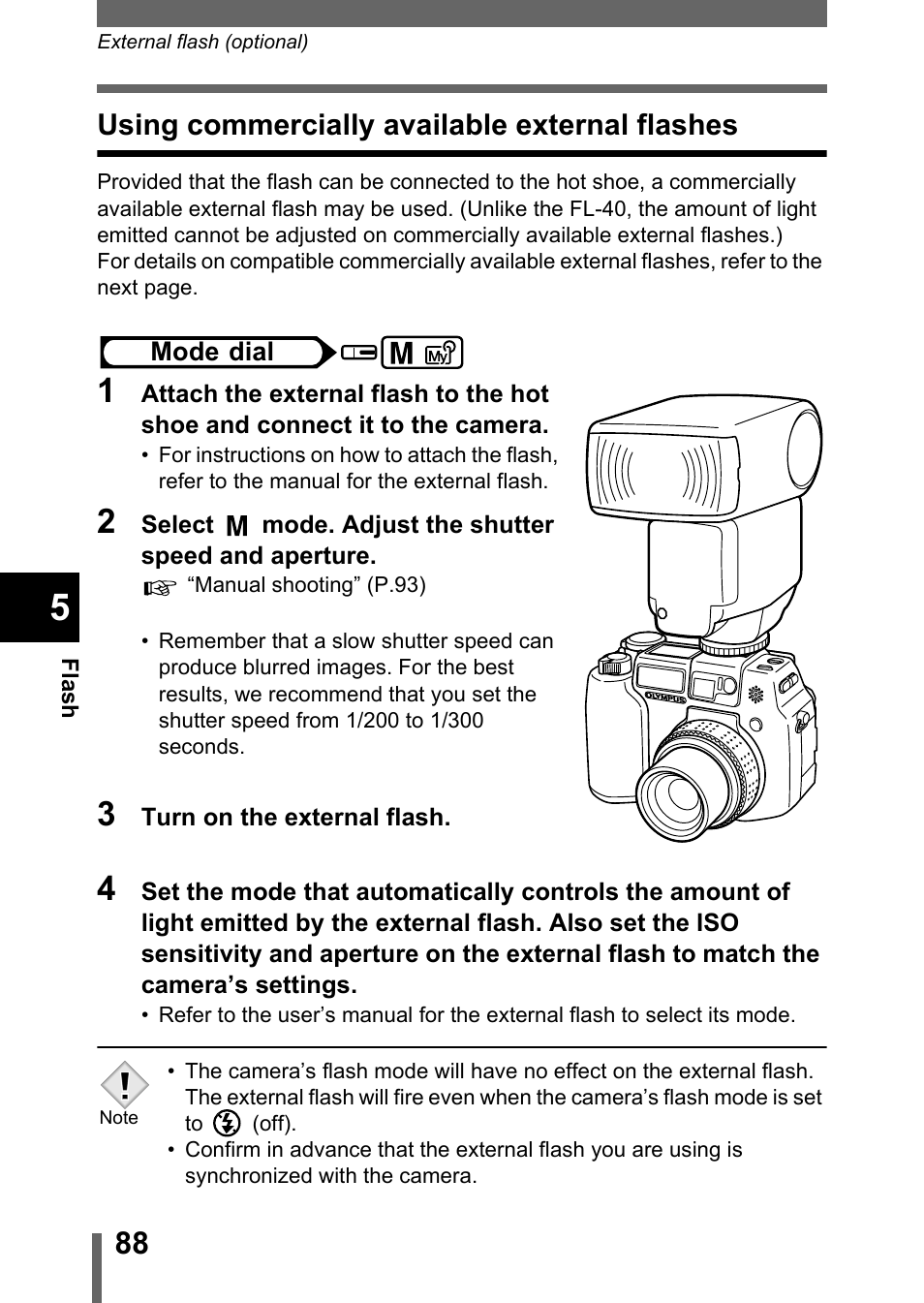 Using commercially available external flashes | Olympus C-5050 Zoom User Manual | Page 89 / 268