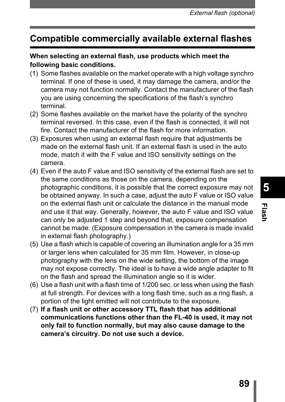 Compatible commercially available external flashes | Olympus C-5050 Zoom User Manual | Page 90 / 268