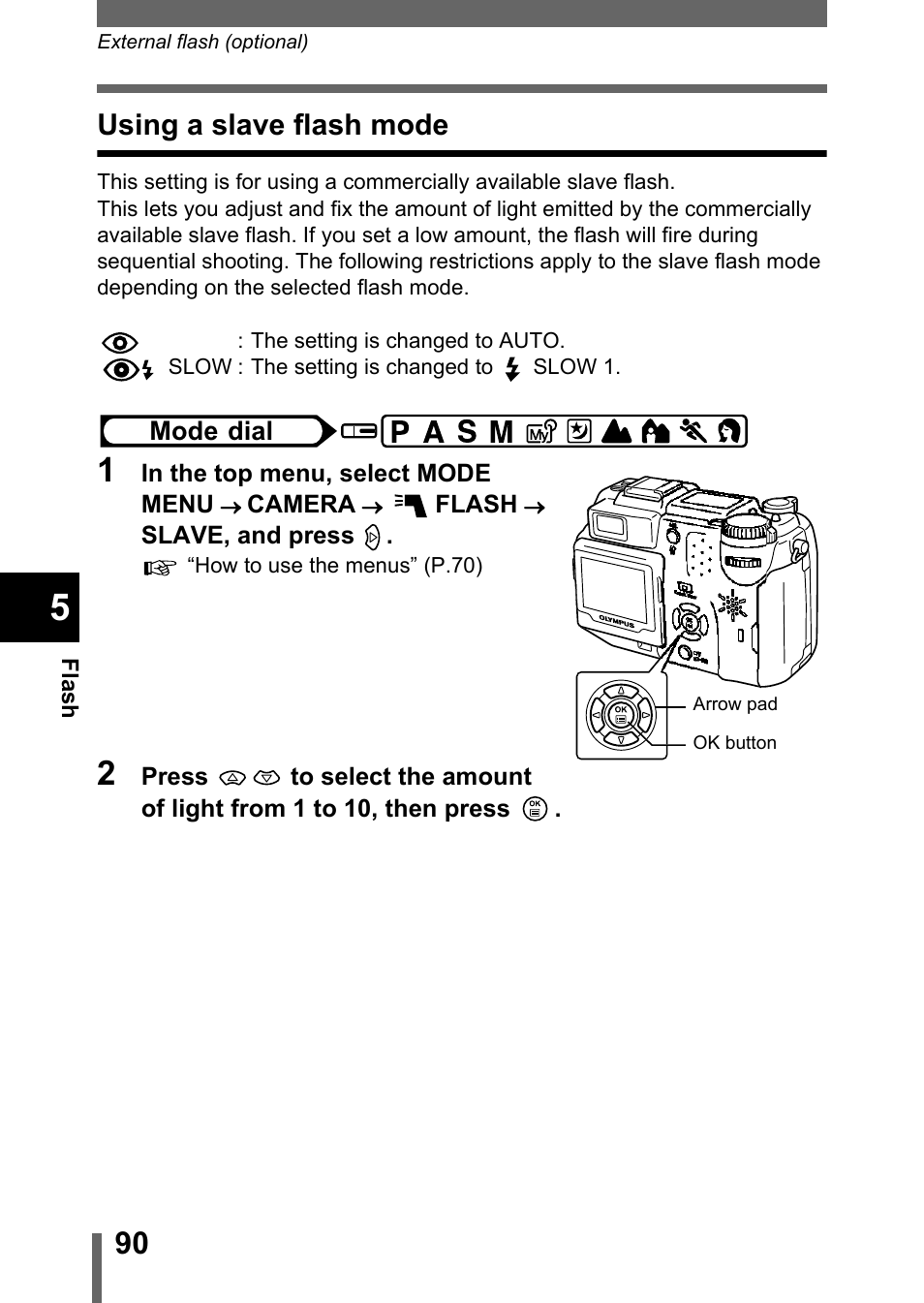 Using a slave flash mode | Olympus C-5050 Zoom User Manual | Page 91 / 268