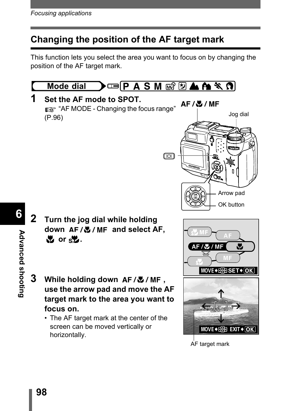 Changing the position of the af target mark, P.98 | Olympus C-5050 Zoom User Manual | Page 99 / 268
