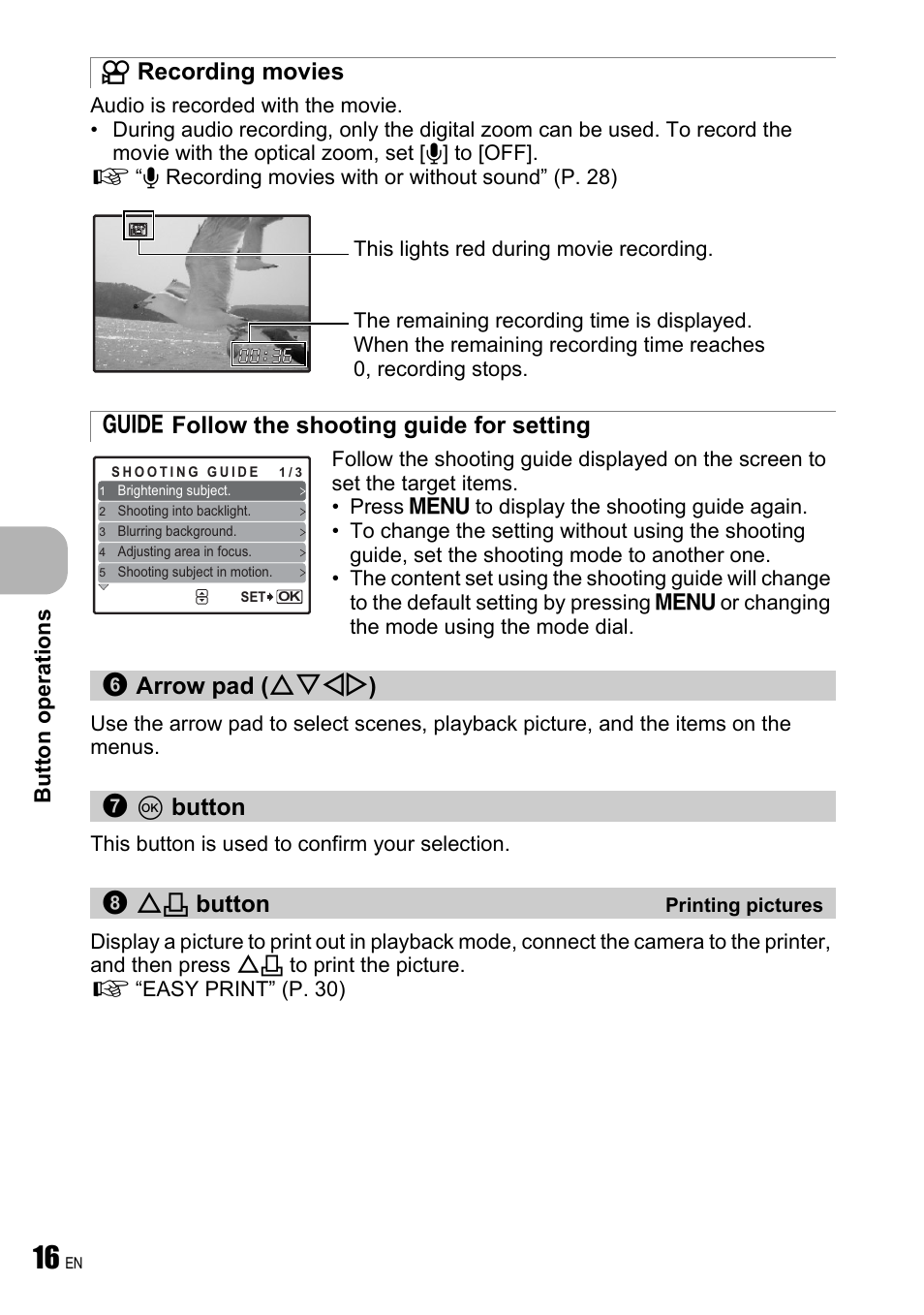 Recording movies, Follow the shooting guide for setting, Arrow pad | Ok button, Printing pictures, Arrow pad (onxy), Q button, Bu tto n op eratio ns | Olympus FE-190 User Manual | Page 16 / 80