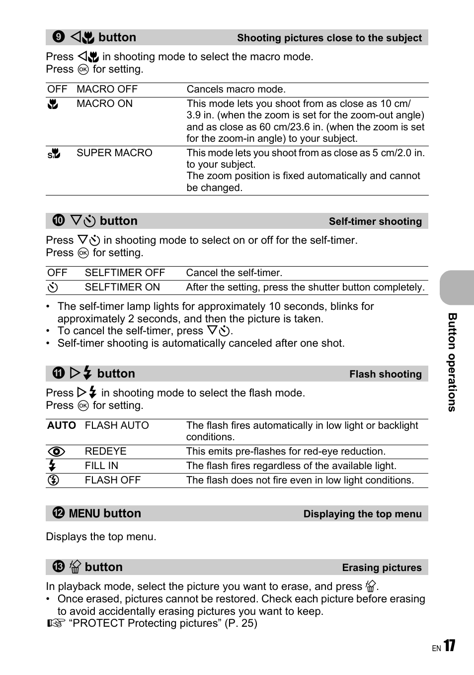 Shooting pictures close to the subject, Self-timer shooting, Flash shooting | Displaying the top menu, Erasing pictures | Olympus FE-190 User Manual | Page 17 / 80