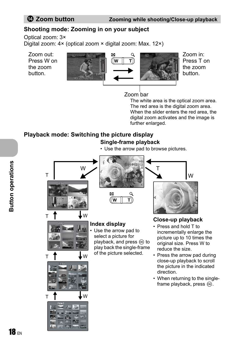 Zooming while shooting/close-up playback, Zoom button, Bu tto n op eratio ns | Shooting mode: zooming in on your subject, Playback mode: switching the picture display, Close-up playback, Index display, Single-frame playback, Wt w, Use the arrow pad to browse pictures | Olympus FE-190 User Manual | Page 18 / 80