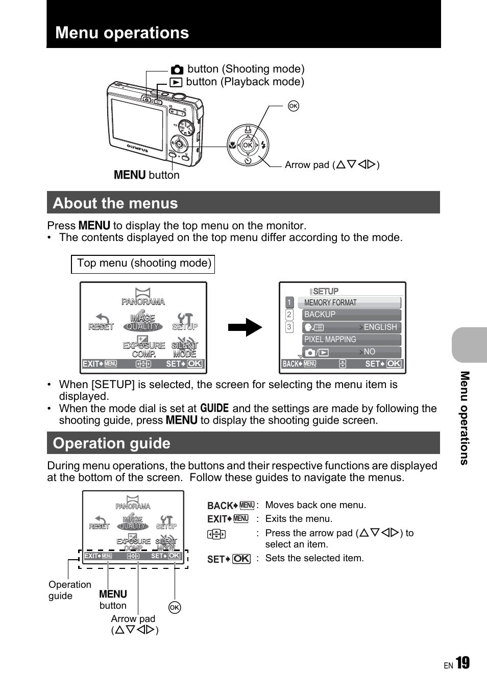 Menu operations, About the menus, Operation guide | About the menus operation guide, Me nu operati o ns, M button q, Button (shooting mode), Button (playback mode), Top menu (shooting mode) | Olympus FE-190 User Manual | Page 19 / 80