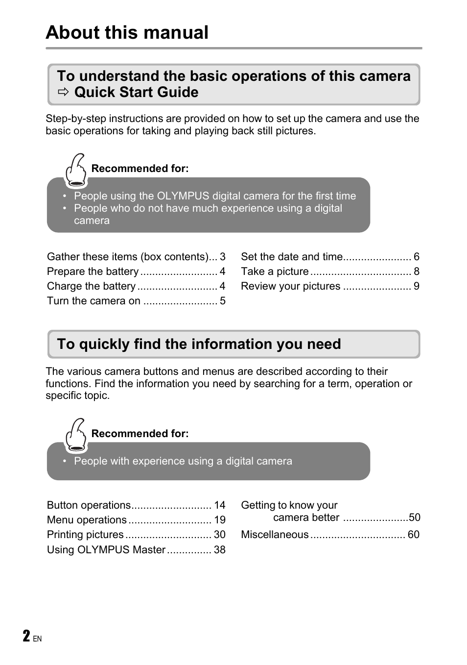 About this manual | Olympus FE-190 User Manual | Page 2 / 80